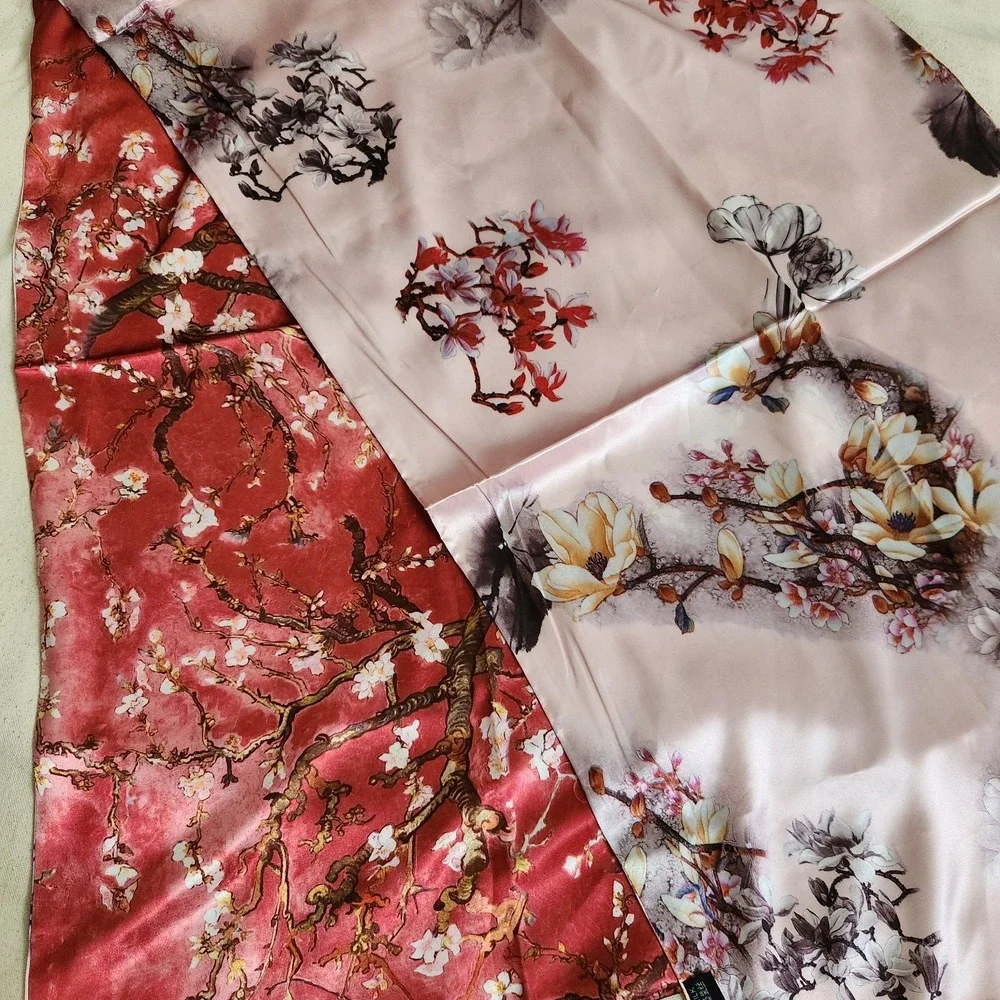 100% Silk Reversible Floral Scarf Pink Red Blossom Tree Branches Long Wrap 66x18